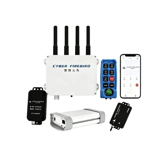 Complete CYBER FIREBIRD go-kart safety system kit including remote control, wireless gateway, speed limiter, and mobile management app.