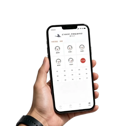 CYBER FIREBIRD mobile application interface displaying real-time go-kart telemetry, speed limits, and track safety status.